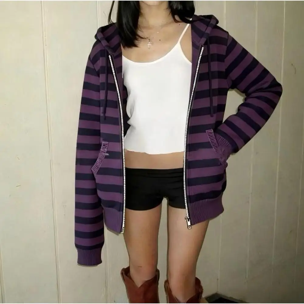 Retro zipper knit hooded cardigan purple and black horizontal stripes ladies long sleeve drawstring hat sweater coat.