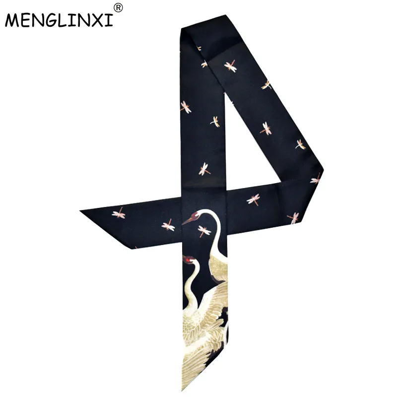 Bag Scarf 2024 New Brand Letter Small Silk Scarf For Women Red-crowned Crane Print Head Scarf Handle Bag Ribbons Long Scarves