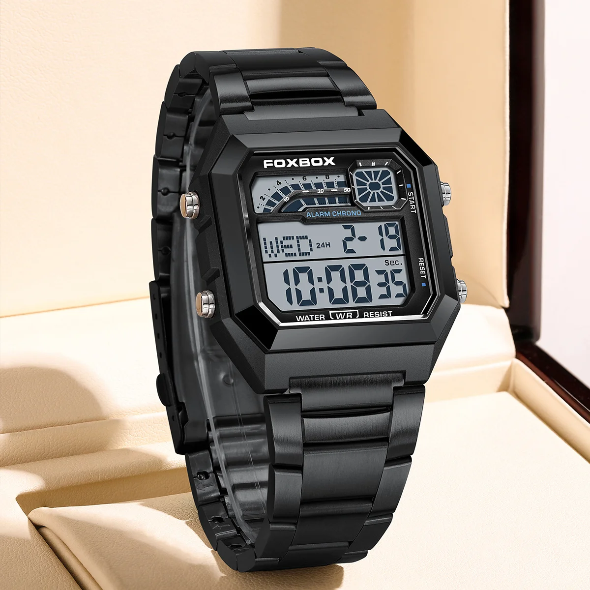 FOXBOX Fashion Man Watch Top Brand Luxury Business Digital Watch LED Display Luminous Stainless Steel Electronic Watches for Men