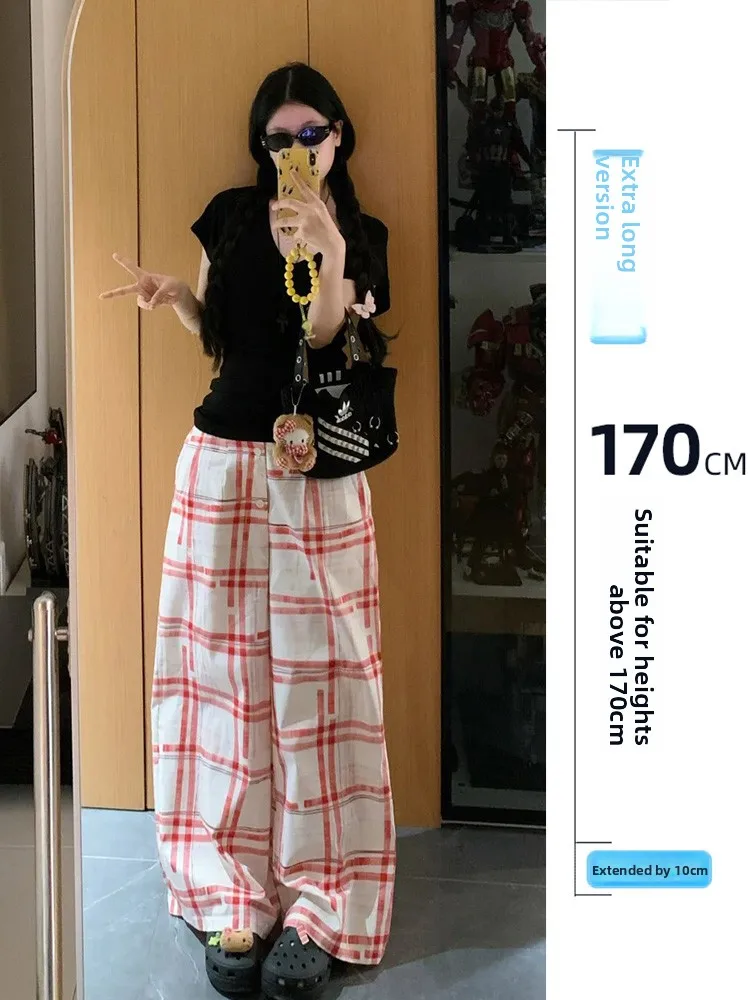 

Extended Size 75 Tall Women's Plaid Straight Leg Pants Summer Loose Wide Leg Casual Trousers Korean Sle Commute Pants
