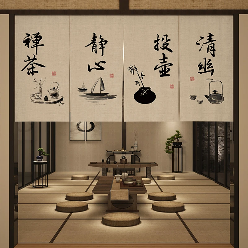 Chinese Teahouse Door Curtain Kitchen Partition Homestay Sushi Tavern Restaurant Decor Signboard Zen Tea Room Half-Curtain