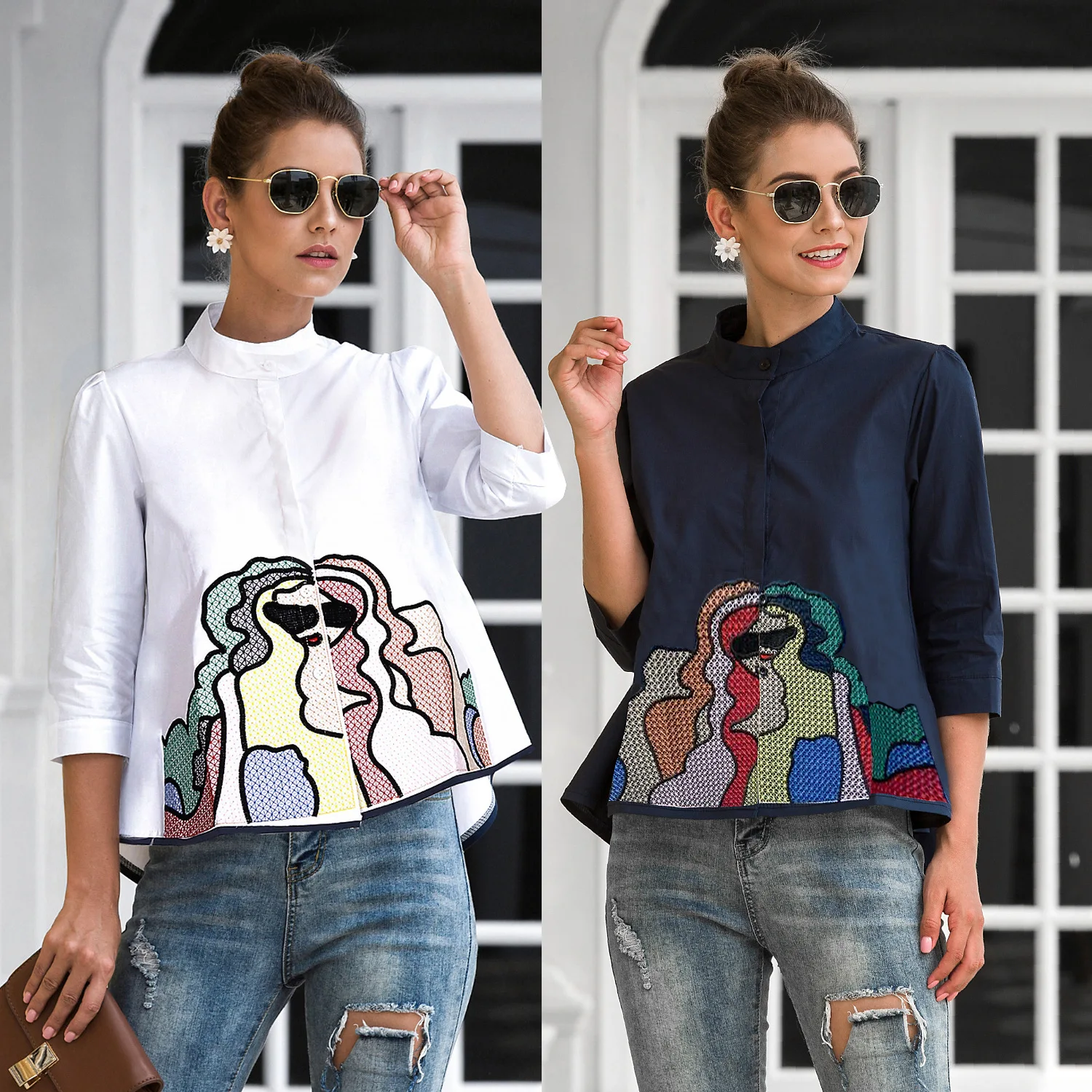 

Европа и Америка, весенне-летняя блузка, модная, для отдыха, с коротким рукавом, кукольный воротник, вышивка, модная, удобная, дышащая