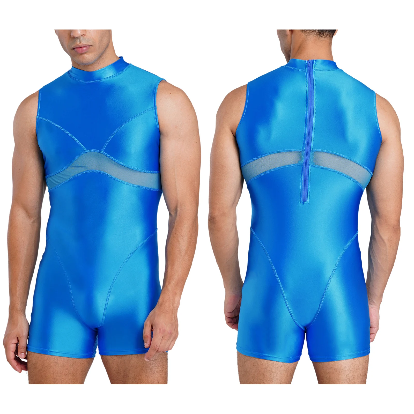 Men Oil-shiny Zipper One-piece Swimwear Rash Guard Wetsuit Bathing Suit Sportswear for Beach Pool Diving Surfing Water Sports