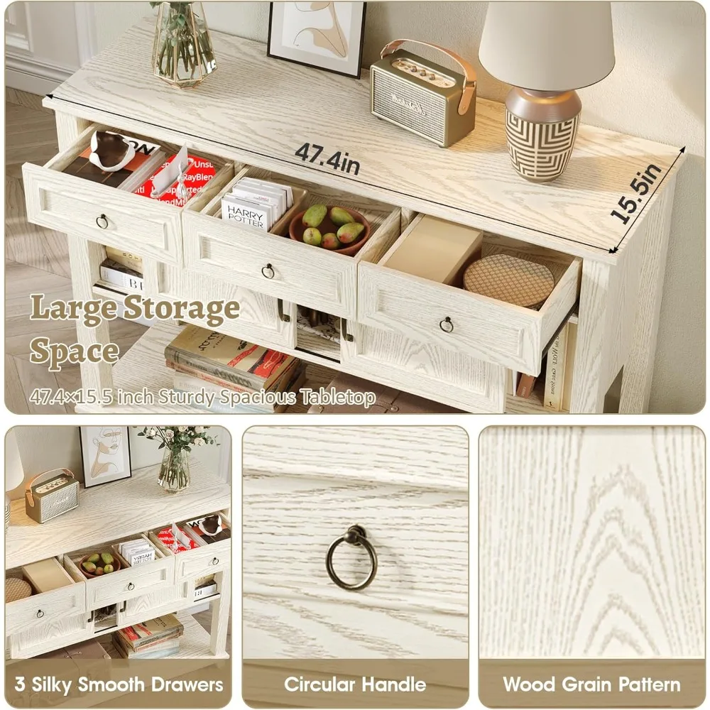 Entryway Table, with 2 Sliding Barn Doors & 3 Drawers, 47 Farmhouse Console Table with Storage Shelf, Rustic Sofa Table