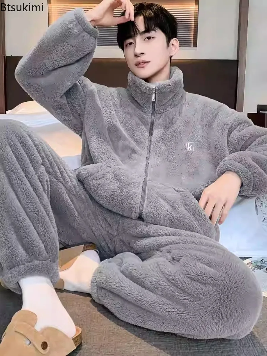High Quality Men's Pajamas Sets Winter Thickened Warm Zipper Long Sleeve Tops+Pants Nightwear 2-pieces Man Lounge Home Sleepwear