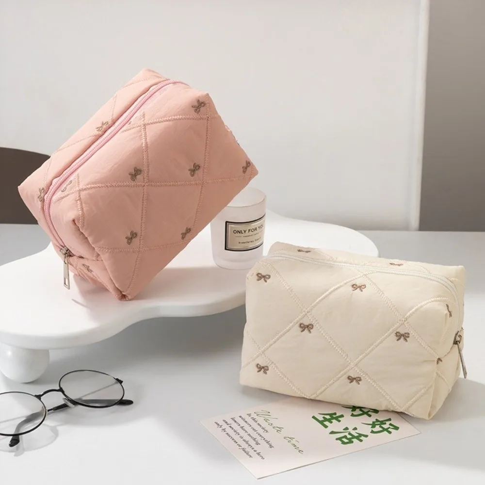 Portable Bow Quilted Makeup Bag Multifunctional Large Capacity Wash Bag Toiletry Handbag Women