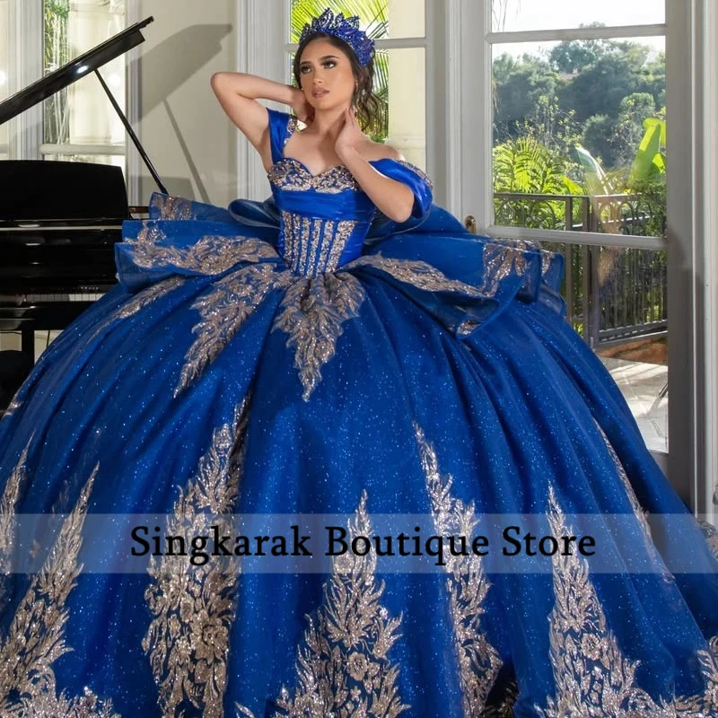 Royal Blue Shiny Ball Gown Quinceanera Dresses Sequin Applique Lace Beading Crystal Bow Tiered Tull Corset Off The Shoulder Swee