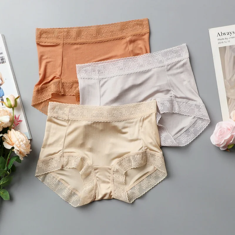 Birdtree, 2PCS 100% Real Silk Briefs, Women High-waist Knitted Underpants, Traceless Lace Breathable Brief, 2026 New A62213JF