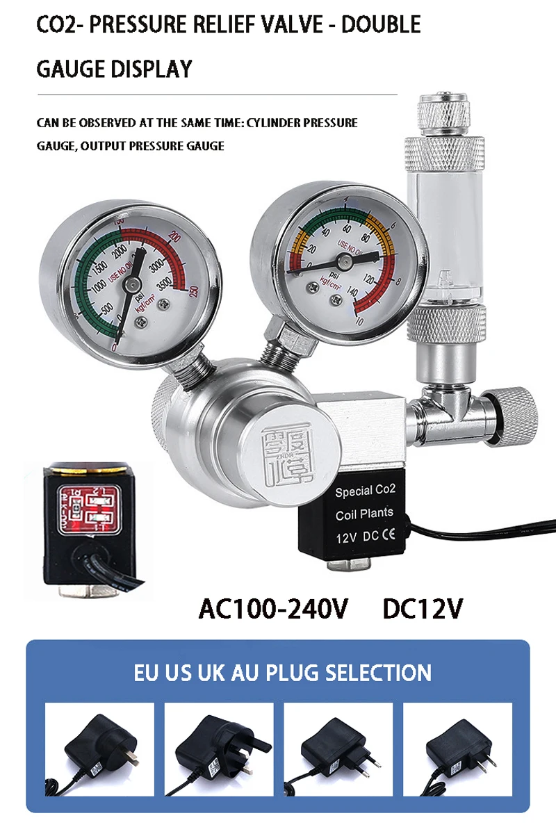 DIY Aquarium CO2 Regulator Solenoid Valve Kit Check Valve Fish Tank CO2 Control Pressure System Cylinder Pressure Reducing Valve