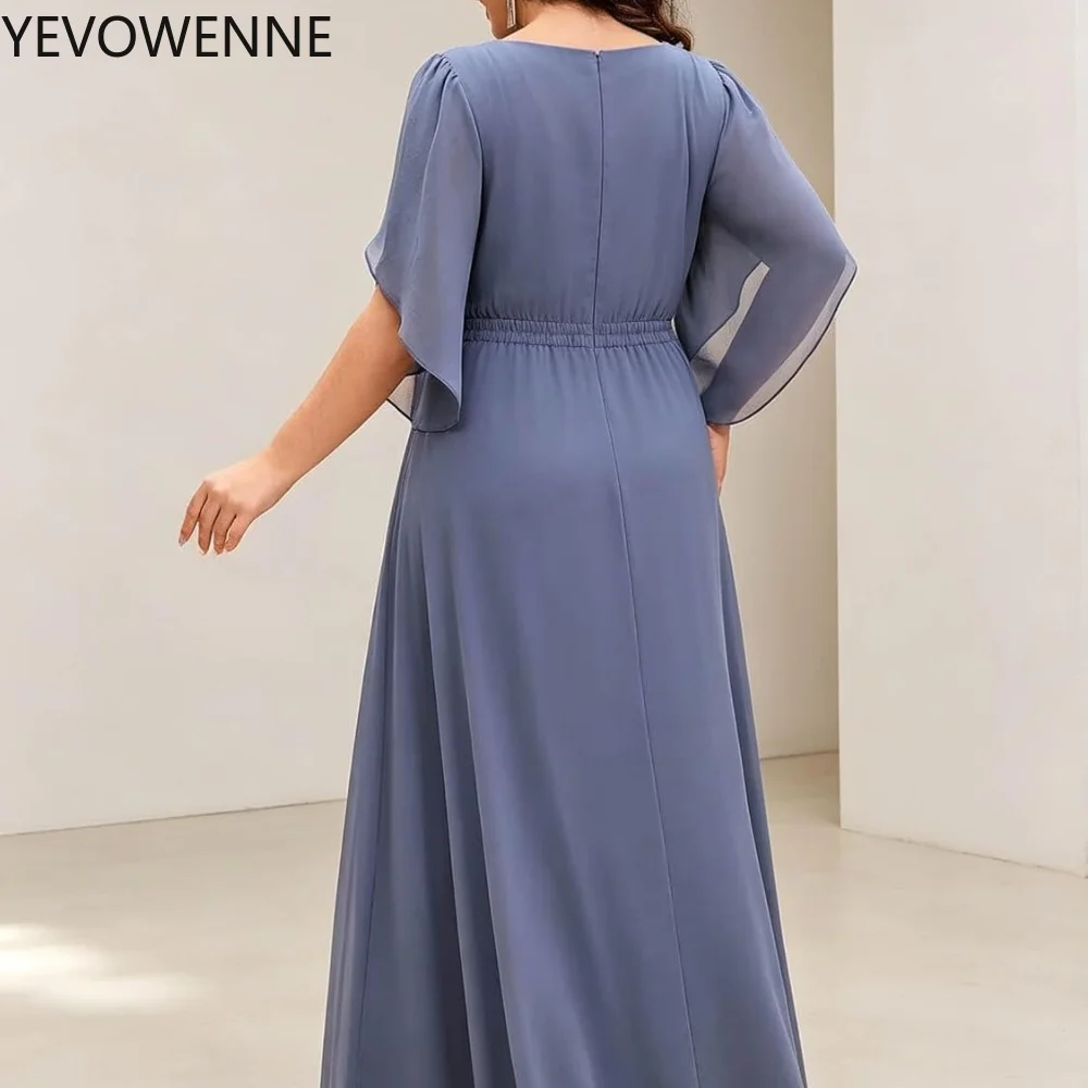 Chiffon Mother of the Bride Dress with Lace Applique and Sleeves Formal Wedding Guest Gown for Women