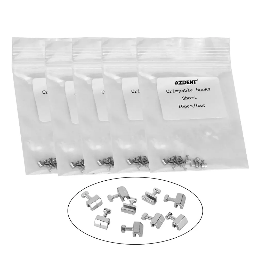 AZDENT 5 Packungen zahnärztliche kieferorthopädische Crimp-Haken, Größe lang, kurzer Anschlag, 10 Stück/Packung, Edelstahl, befestigt am Bogen – Detail 6