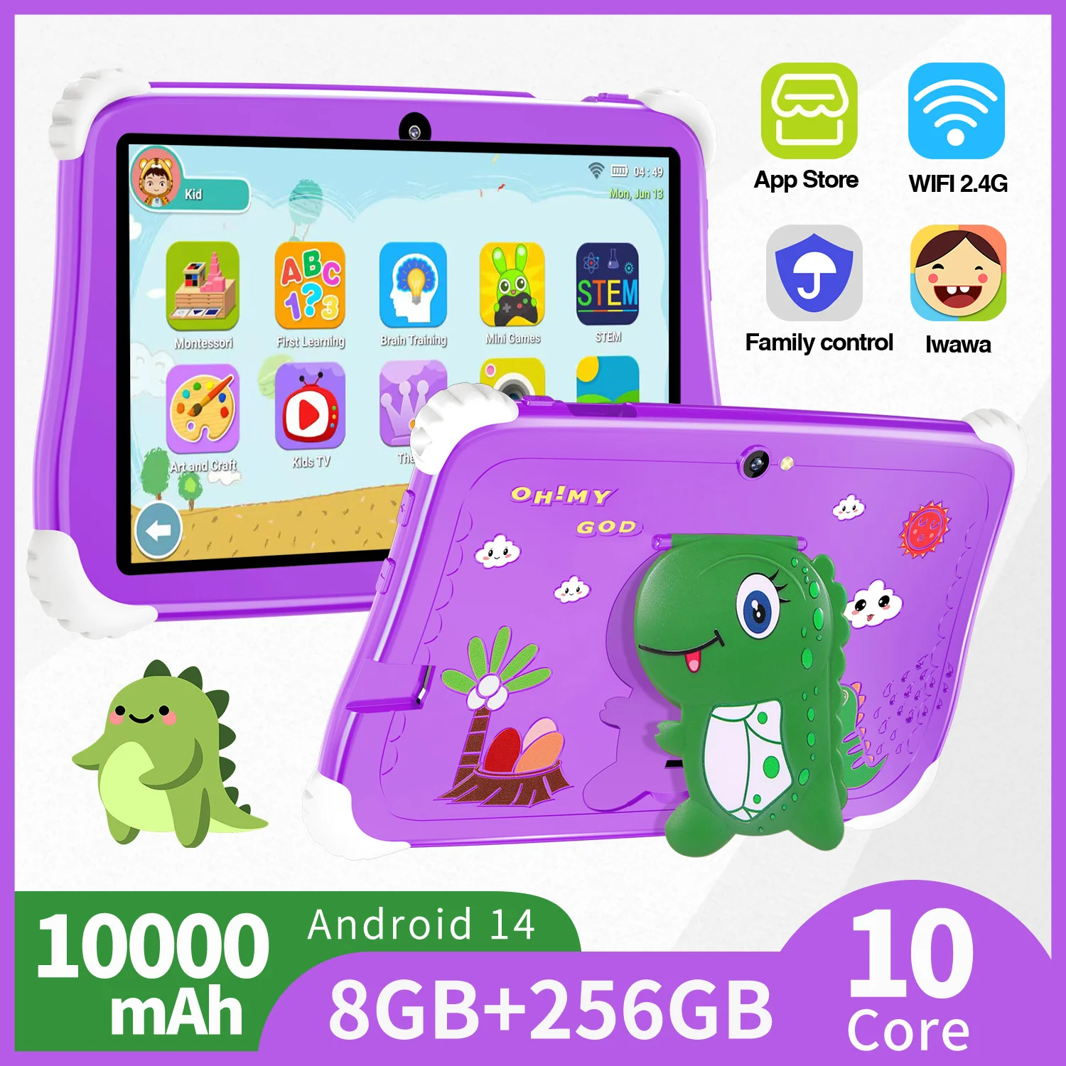 Tableta para niños de 7 pulgadas con soporte de dinosaurio Android 14 Snapdragon 888 8GB + 256GB pantalla HD cámara Dual WiFi tabletas para niños regalo