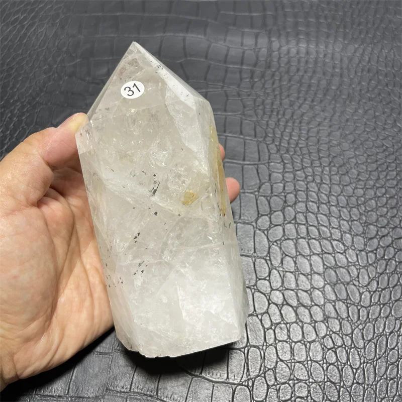 

850g Natural Polished Clear Quartz Point with Black tourmaline Crystal Tower For Decoration