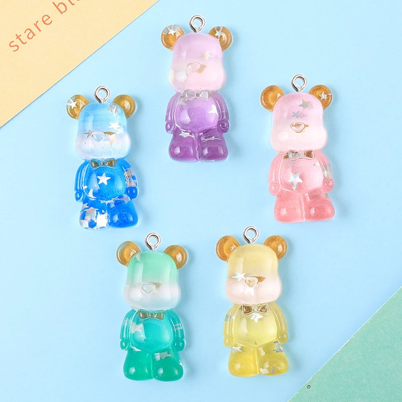 10Pcs Gradient Color Violent Bear Resin Pendant DIY Bracelet Keychain Flatback Decor Material Girl Necklace Earrings Charm Ring