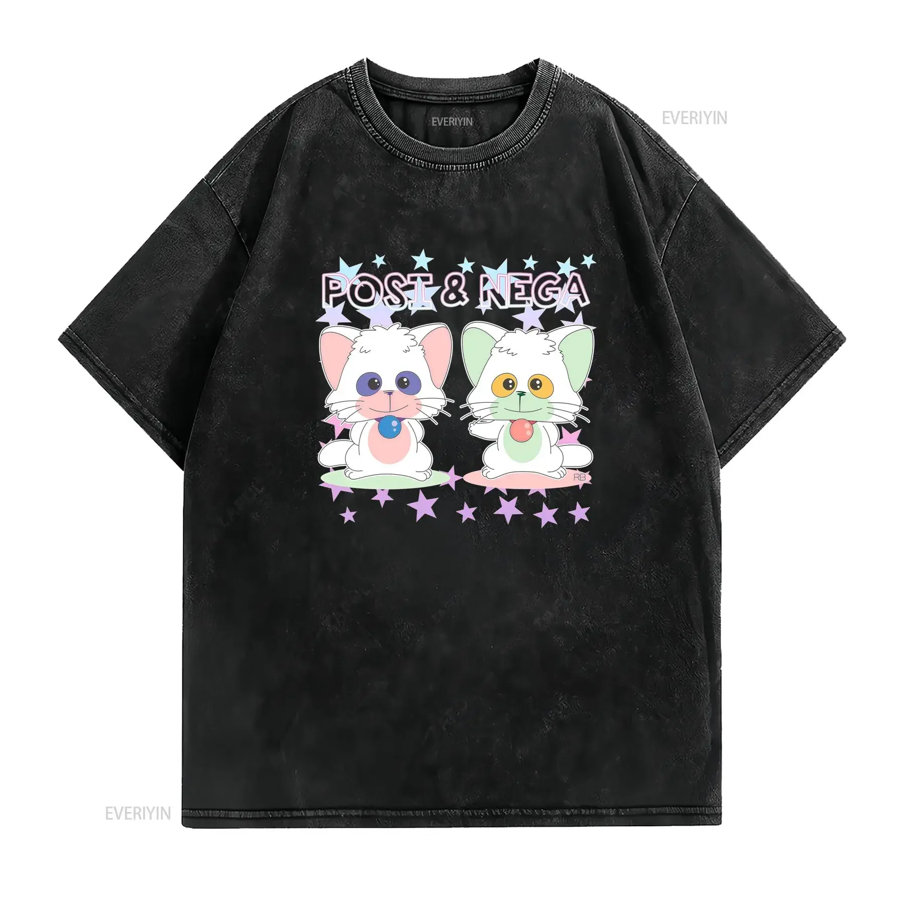 Maglietta Uomo Creamy Mami Posi Nega Nero Casual con Stampa Carina di Gatto e Stelle Morbida Collo Tondo Lavabile in vintage