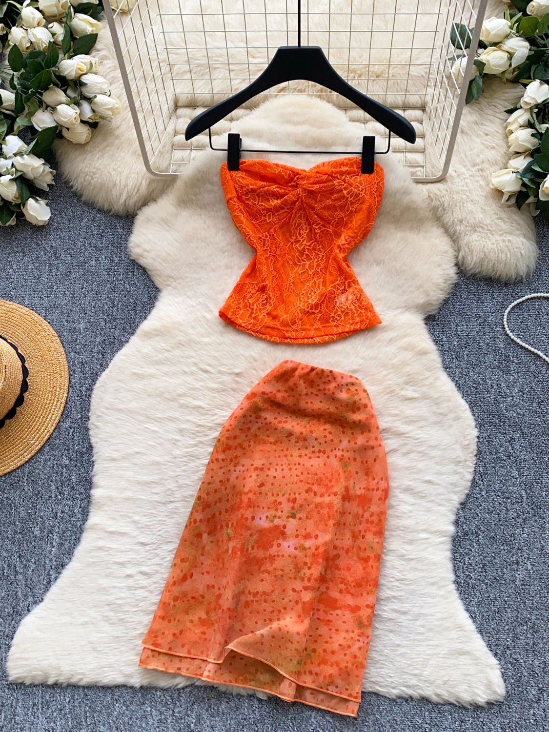 Orange Lace Halter High Waist Bodycon  Skirt Women's Summer Sweet Youth Slimming Two-Piece Set Vacation Style Outfit