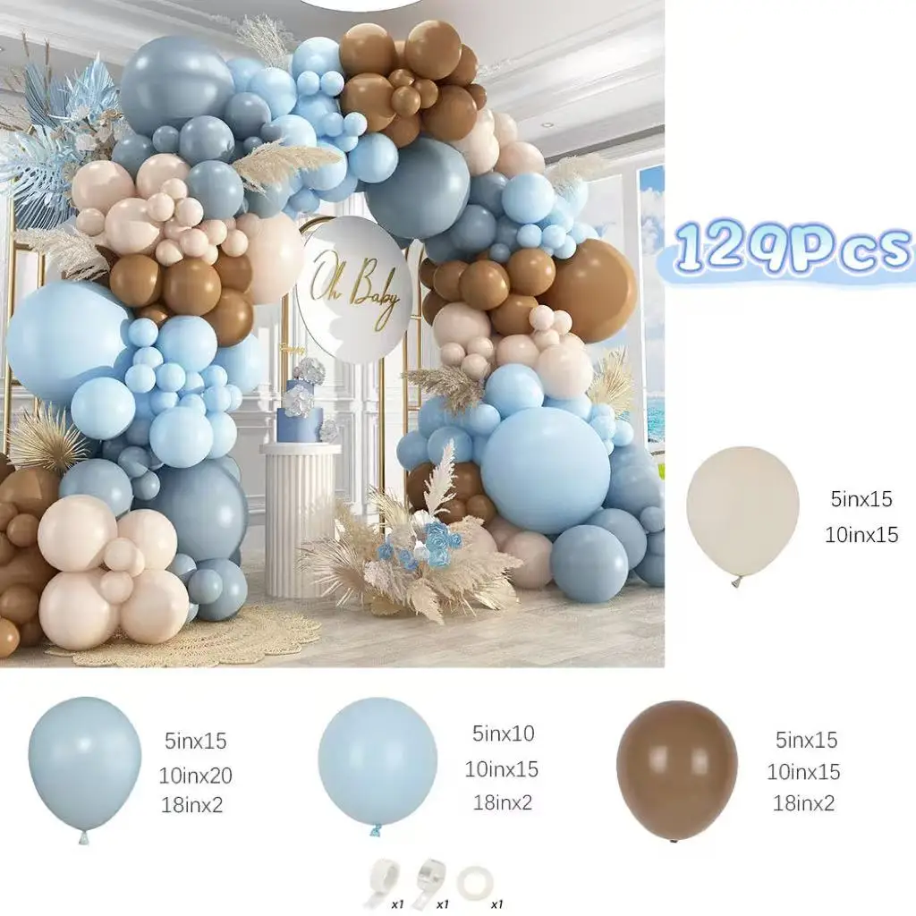 129Pcs Dusty Blue Brown Sand White Dusty Blue Balloons Arch for Baby Shower Decorations Gender Reveal Birthday Party Decoration