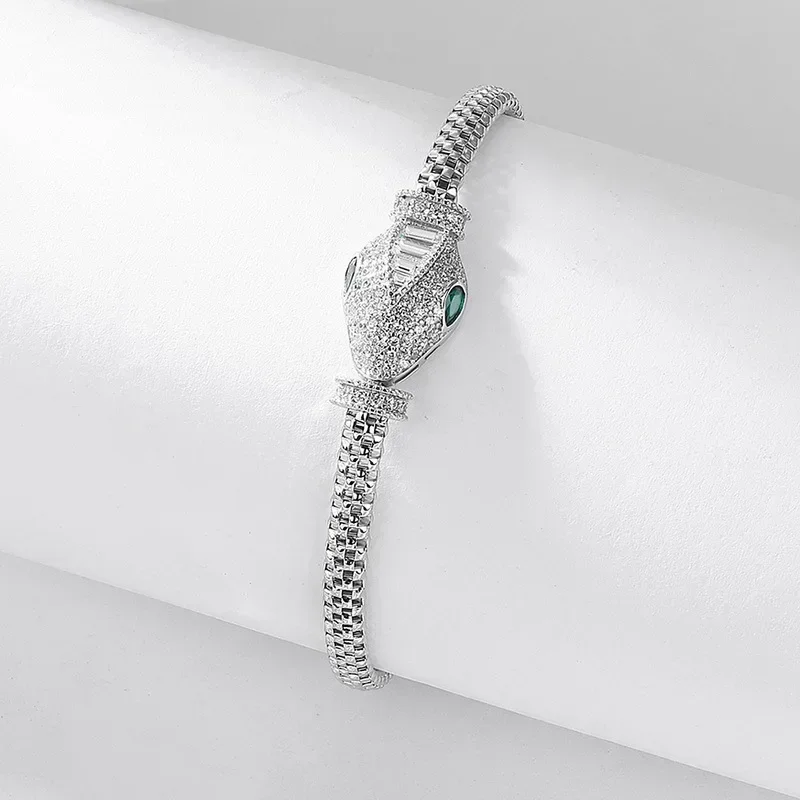 100% 925 silver bracelet for women Hollow snake head Green eyes luxury gift Hip Hop Animal Birthday Gifts Punk Jewelry image 3