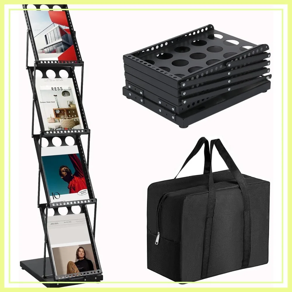 

Foldable Brochure Display Stand, 4-Pocket Metal Magazine Rack with Carrying Bag for Trade Show, Office, Retail Store, Black