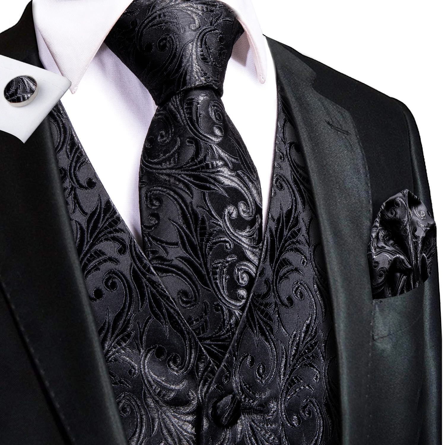 Hi-Tie Designer Jacquard Silk Mens Vest Sleeveless Waist Jacket Pure Black Floral Waistcoat Neck Tie Hanky Cufflinks Set for Men