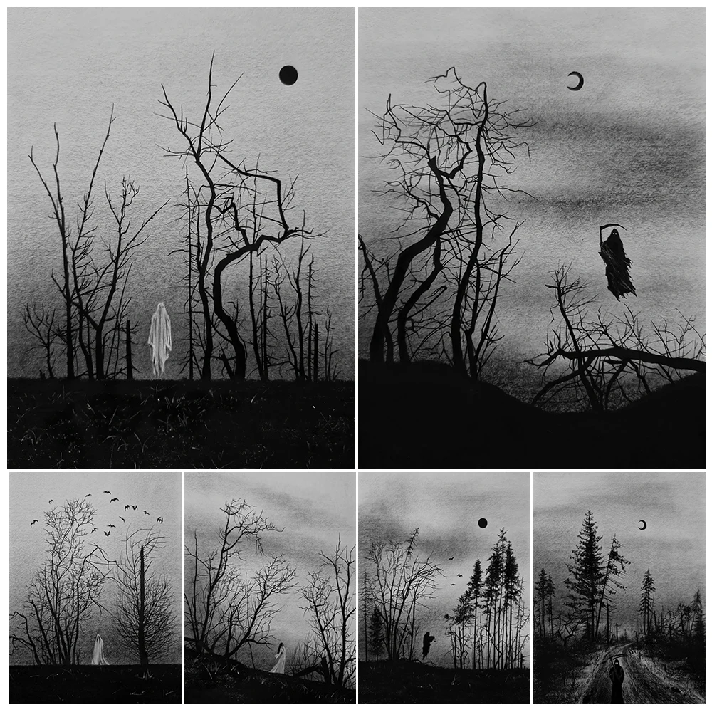 Death & Ghosts Wander Through The Desolate Forest Vintage Canvas Wall Art The Art Of Solitude Pencil Drawing Poster Print Decor
