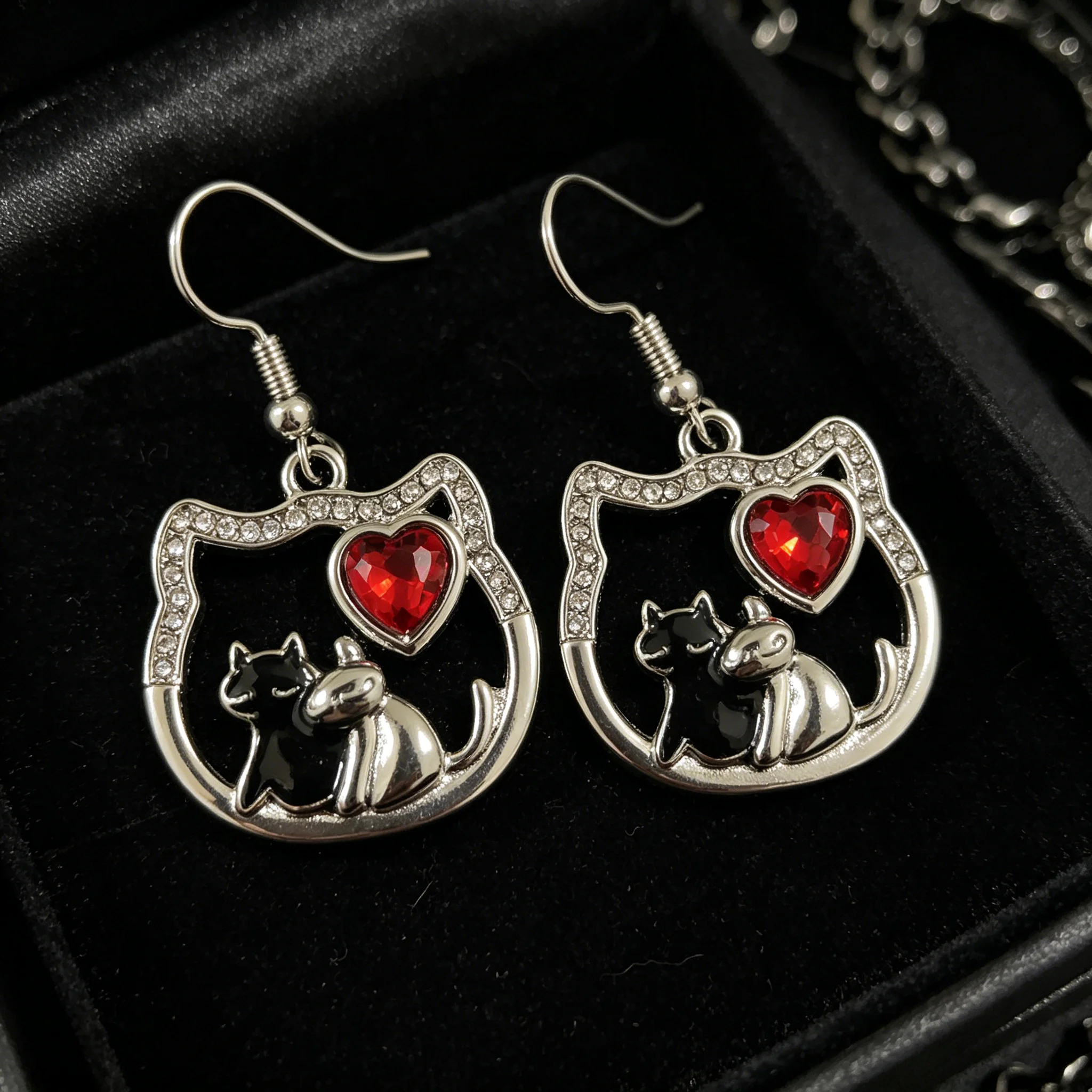 Black White Cat Dangle Earrings Silver Tone Red Heart Accent Pet Jewelry for Women Cat Lovers Gift view 5