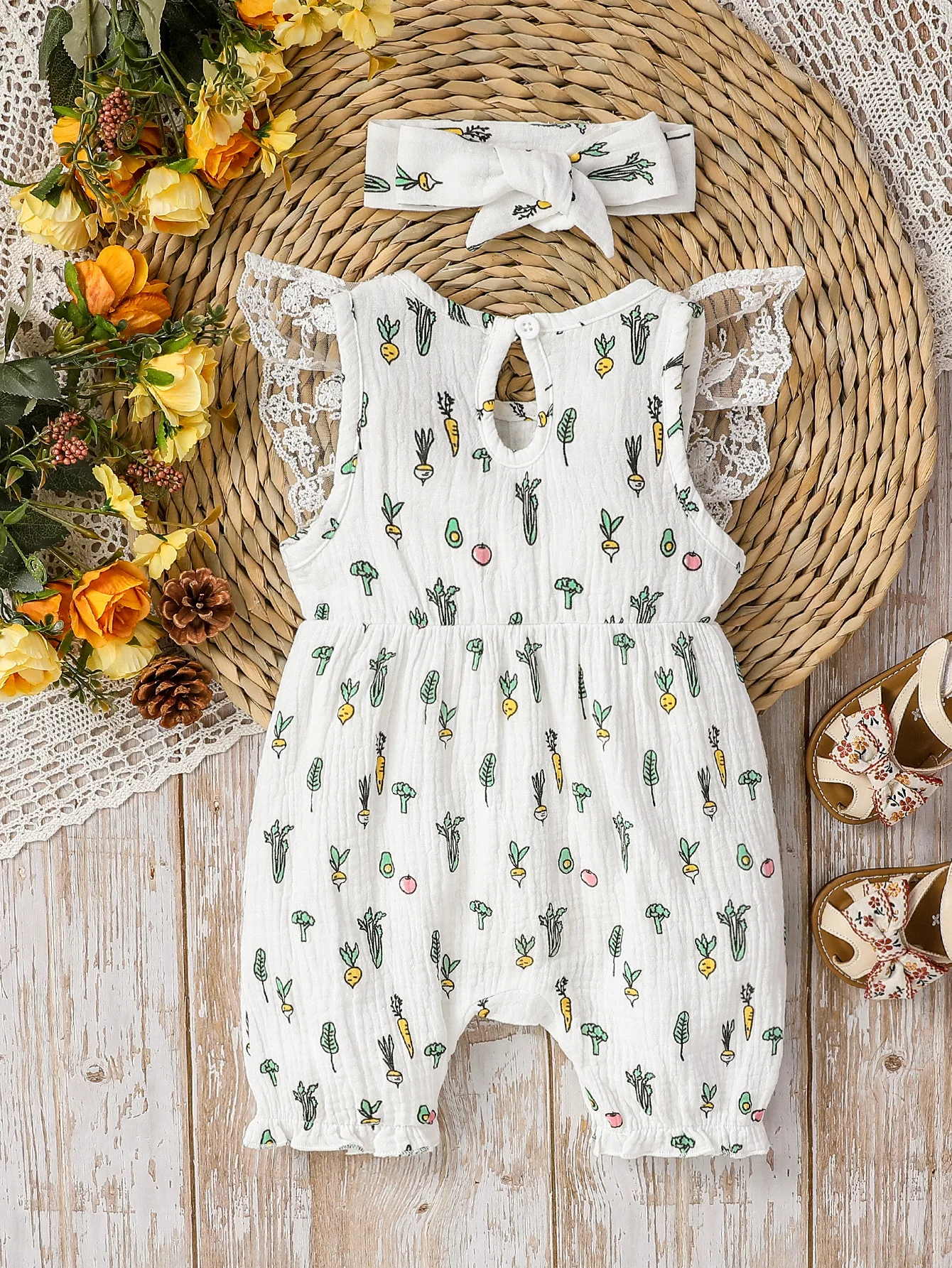 Girls Summer Sleeveless Lace Cotton Baby Bow Jumpsuit - Casual Cute Print With Plants