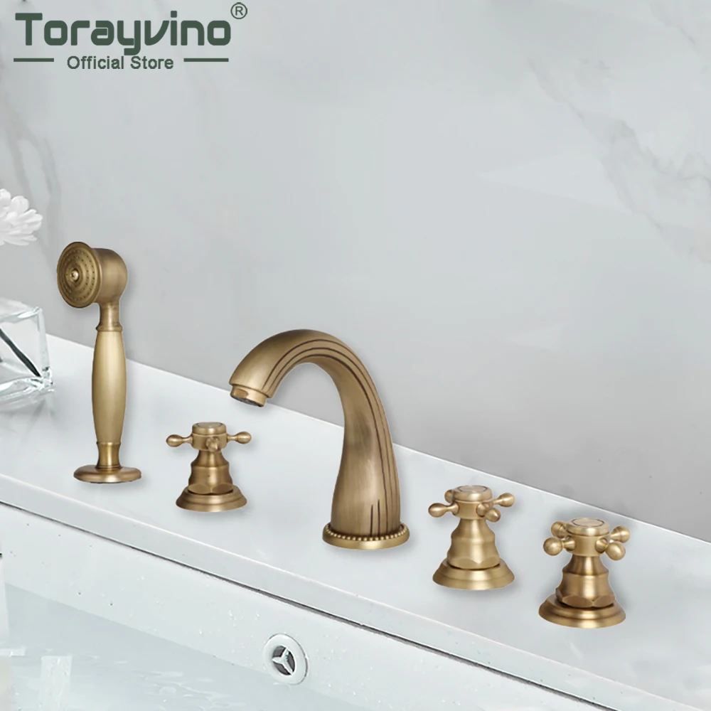 Torayvino Antique Brass Bathtub Faucet Bathroom Shower Deck Mounted 3 Handles Tap Waterfall Faucet Mixer Water Tap Combo Kit
