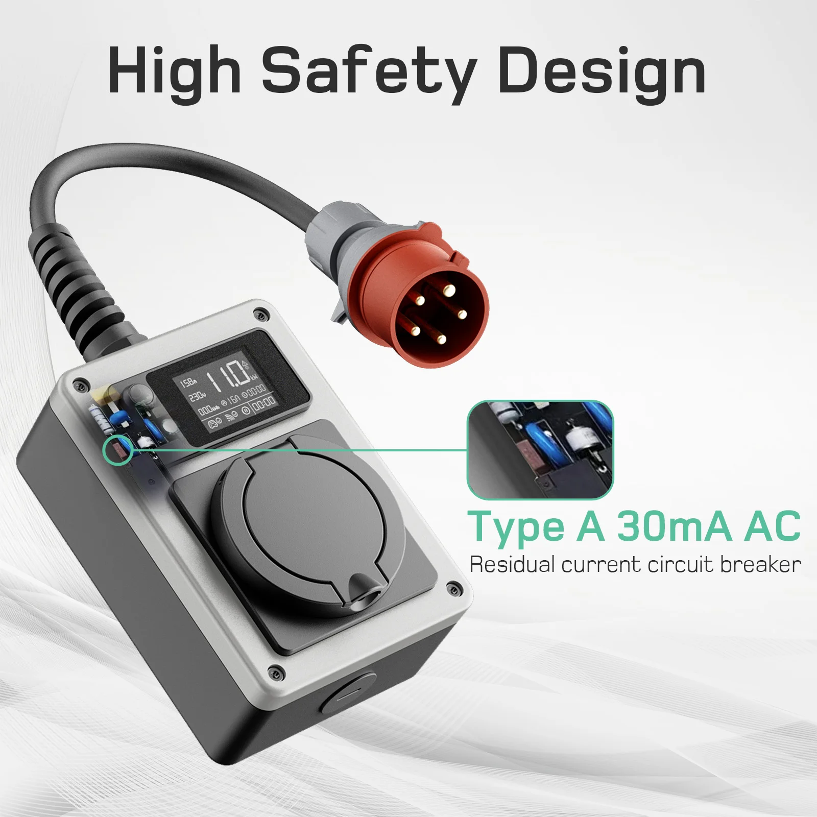 dé EV Charger Mobile Wallbox 11kW CEE to Type 2 Socket Vehicle Charging 16A 3 Phase RFID Control with Electricity Meter