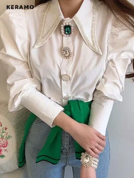 Estilo francês turn down collar elegante miçangas blusas de luxo 2024 outono feminino casual manga longa noite chique camisas topo