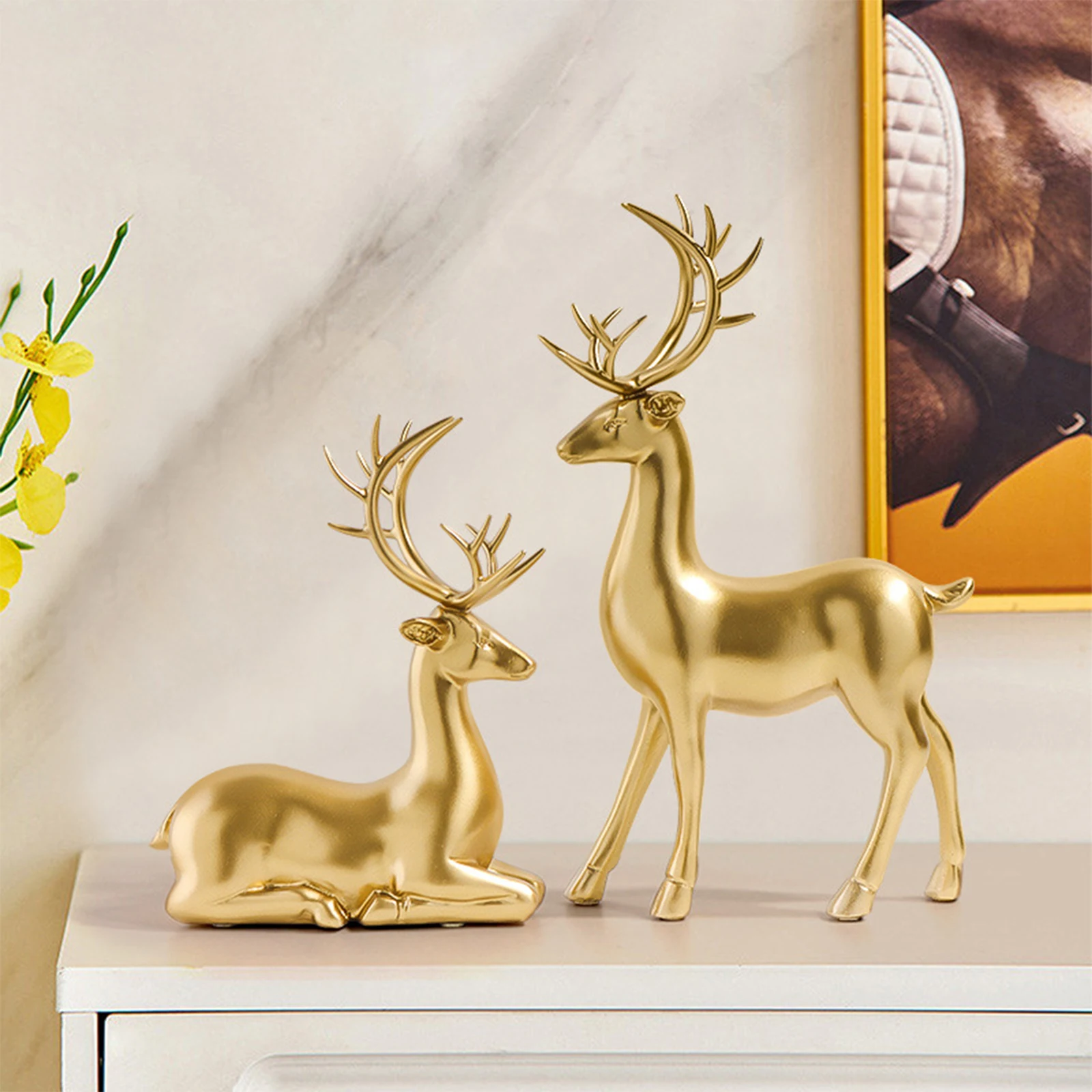 Deer Statue Standing and Sitting Resin Sculpture Reindeer Figurine Ornaments Stag Accents for Home Entrance Mantle Table Decor