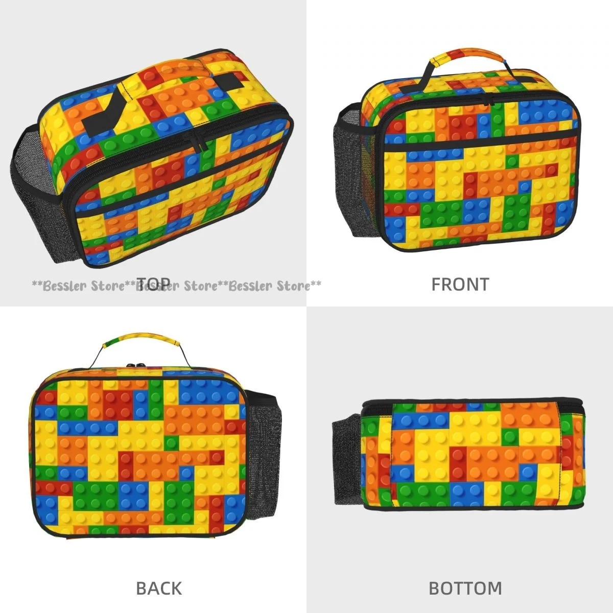 Plastic Construction Blocks Pattern Tote Lunch Bag Insulated Cooler Bag Easy Clean Food Handbag for Daily Travel Picnic