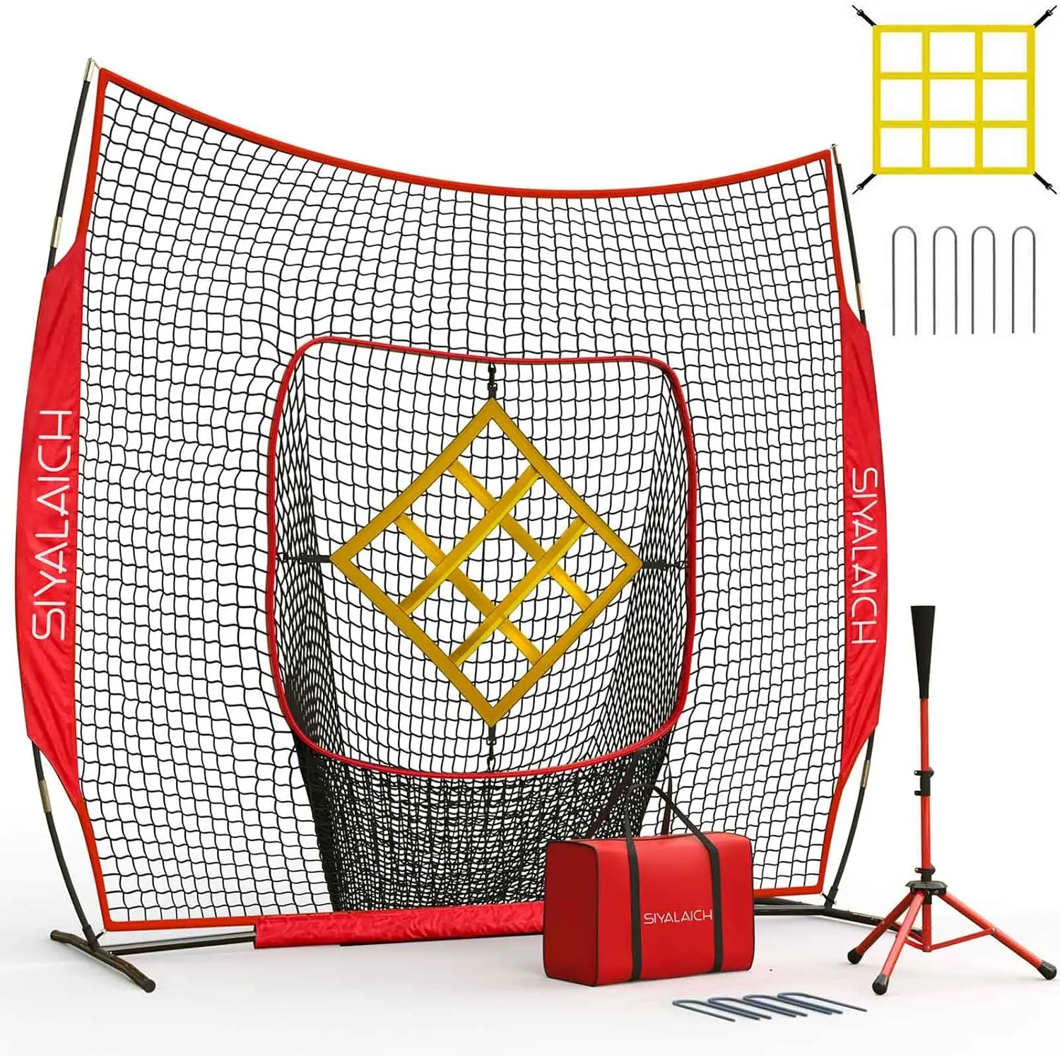 7x7 ft Portable Baseball Softball Practice Net, Hitting and Pitching Trainer with Strike Zone and Batting Tee, for Kids and Adults of All Skill Levels