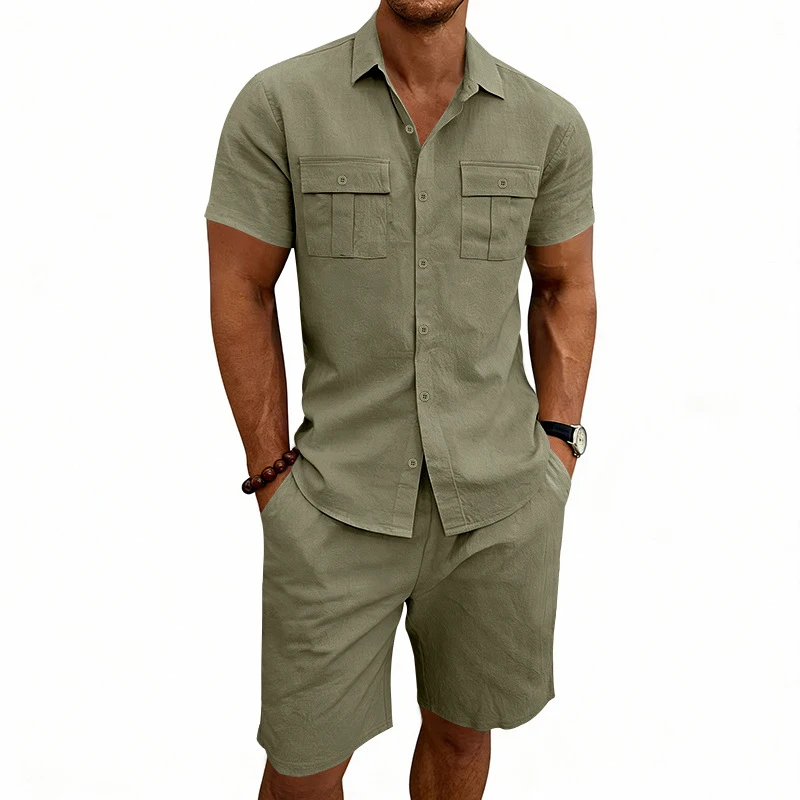 Casual Solid Color Linen Two Piece Sets Mens 2026 Spring Summer Fashion Short Sleeve Shirts And Shorts Outfits Men Linen Suits