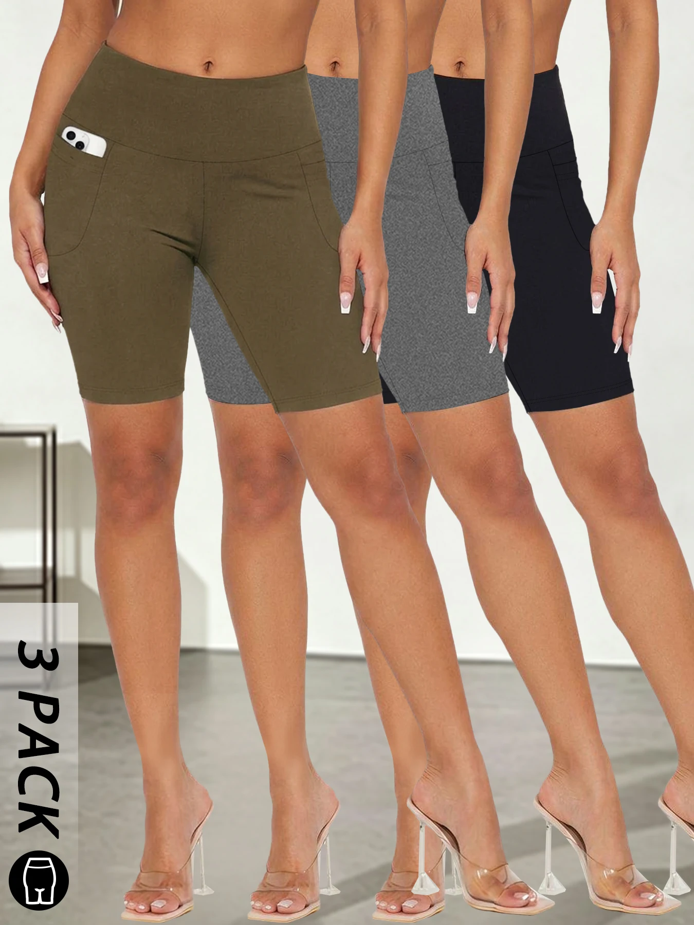 

3 Pack High Waisted Biker For Women With Pockets Tummy Control No See Through Workout Running Yoga Push Up Gym Fitness Shorts
