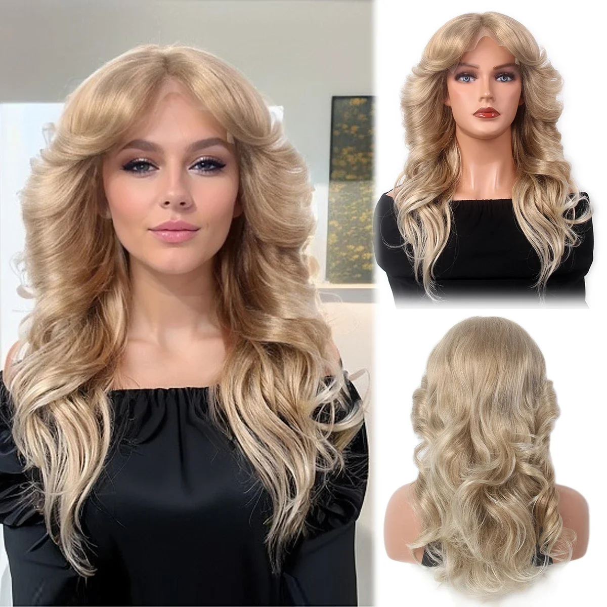 

Ombre Blonde Lace Front Women Curly Wigs 150% Density Middle Part Synthetic Hair for Womens