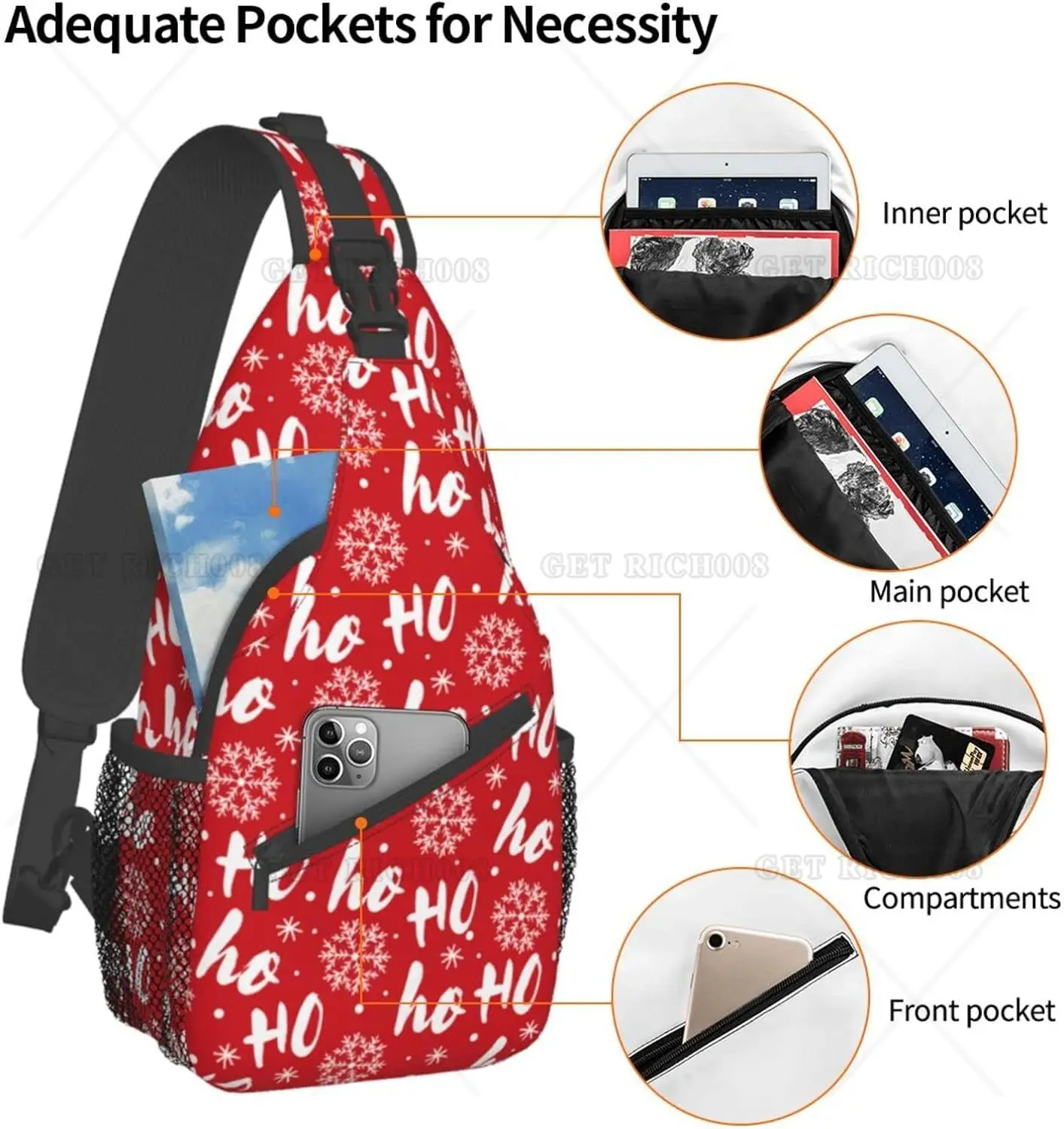 Bolsa de estilingue crossbody para homens e mulheres, sacolas vermelhas de Natal Hohohoho, mochila casual de ombro, Natal