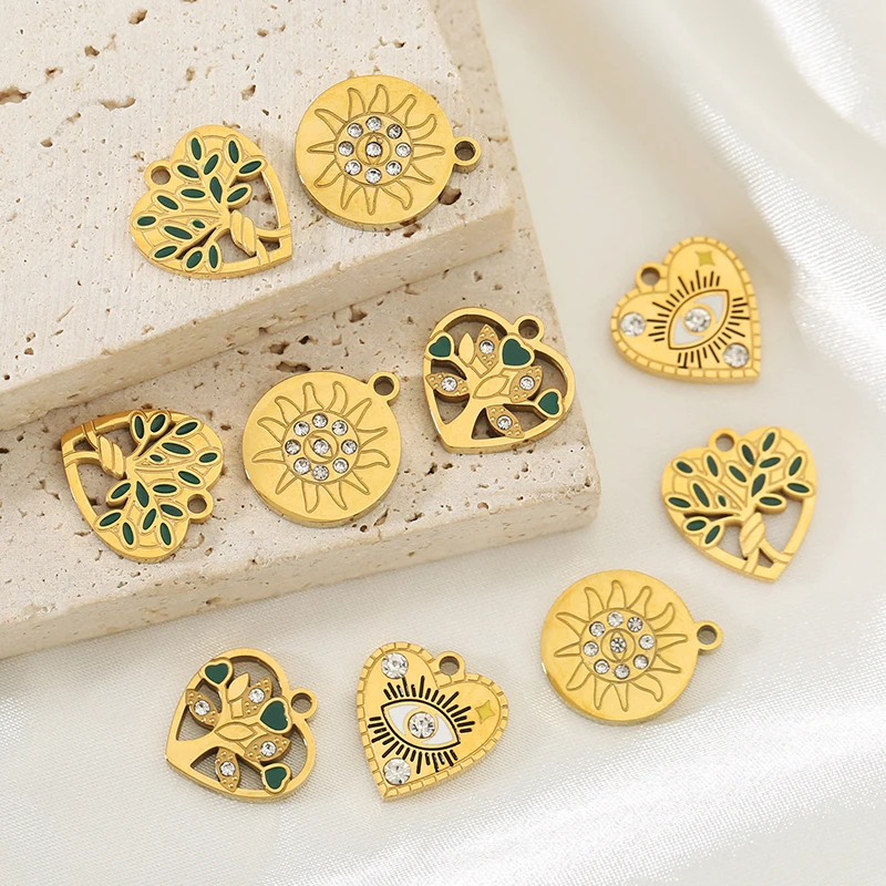 2pcs Stainless Steel Zircon Tree of Life Charms Sun Eye Love Heart for DIY Bag Chain Pendant Necklace Jewelry Making Accessories view 2