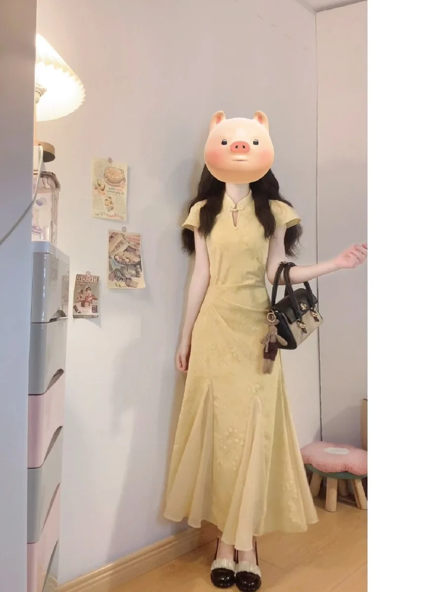 Vestido largo de verano para mujer, talla grande, amarillo, estilo chino, con inserciones, corte en A, ceñido a la cintura, novedad.