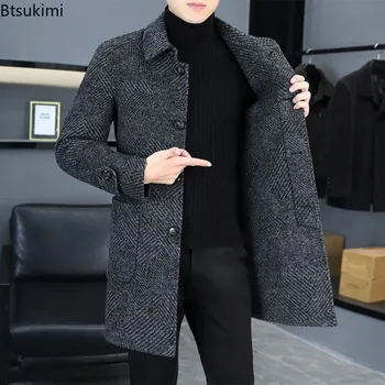 2026 New Men's Fashion Lapel Slim Single Breasted Trench Coats Mid-Length Double Side Woolen Overcoats Autumn Winter Men Clothes