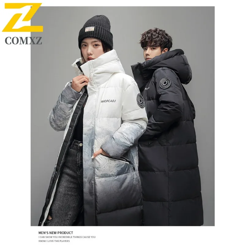 COMXZ Men Winter Jacket Gradient Long Korean Design Snow Travel Cold Resistant Street Bread Jacket Lightweight Puffer Jackets