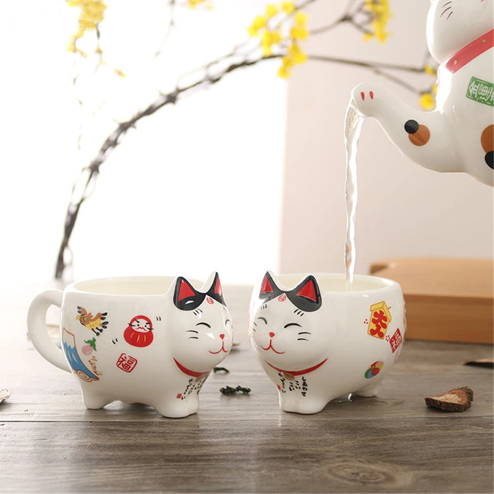 Ceramic Lucky Cat Cartoon Cups, Teapot, Coffee, Milk Mug Sets, Breakfast, Afternoon Tea Pot, 1 Teapot, 2 Mugs, Cute, 3Pcs per Lo