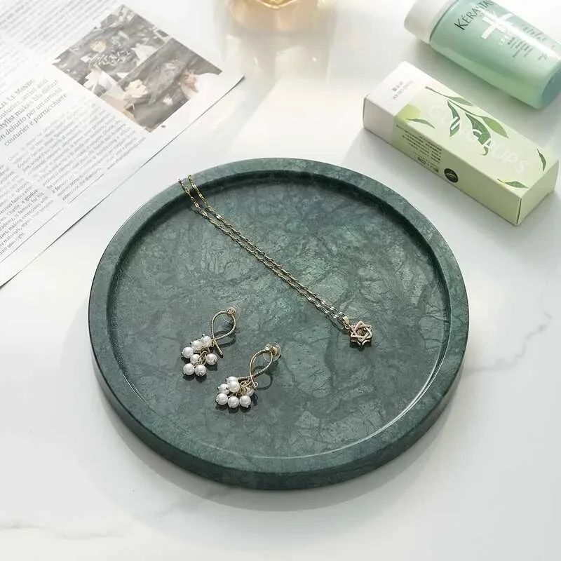 Natural Emerald Green Marble Tray - Round Coffee Table Storage Box, Living Room Home Decorative Ornament for Daily Use & Display