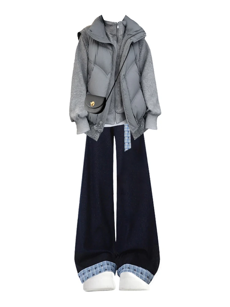 Gilet di cotone caldo Felpa Pantaloni a gamba larga Set Donna Allentato Agel T-shirt casual Pezzo Inverno Faion Ensemble Vita alta Trou...