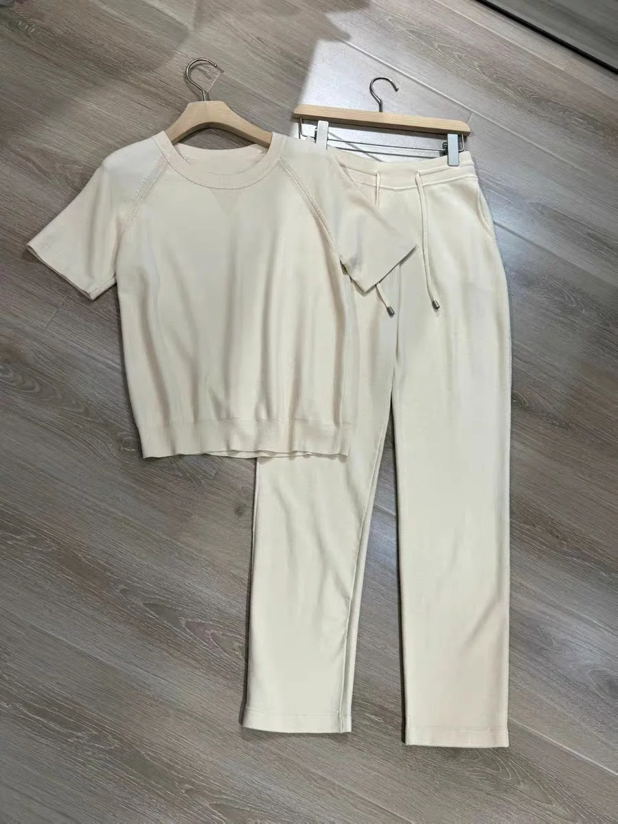 Women Blue or Beige Knitted Set Elastic Waist Straight Long Pants and Short Sleeve Round Neck T-Shirt Casual Autumn 2024 Suit