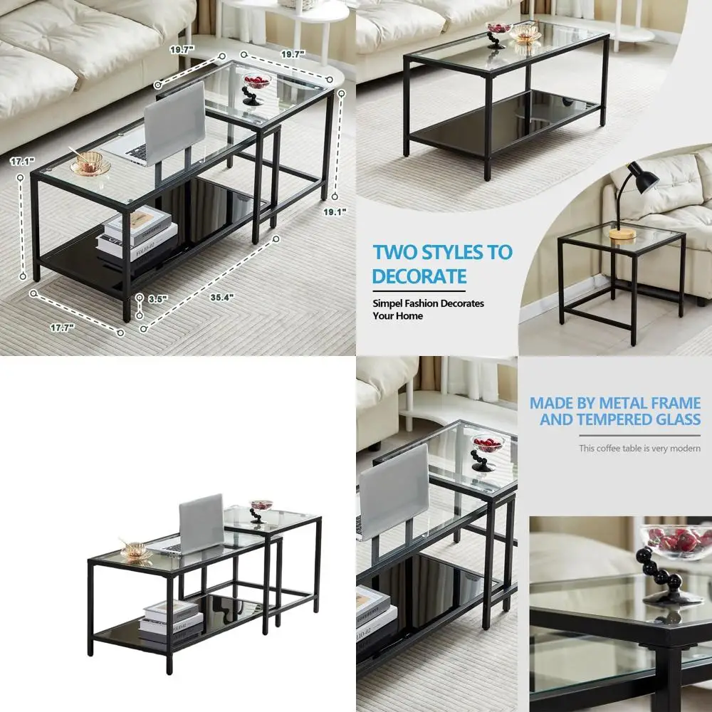 

Modern Nesting Coffee Table Set, 2-Piece with Tempered Glass, Sleek Black Accent Tables for Living Spaces, Bedrooms, Offices