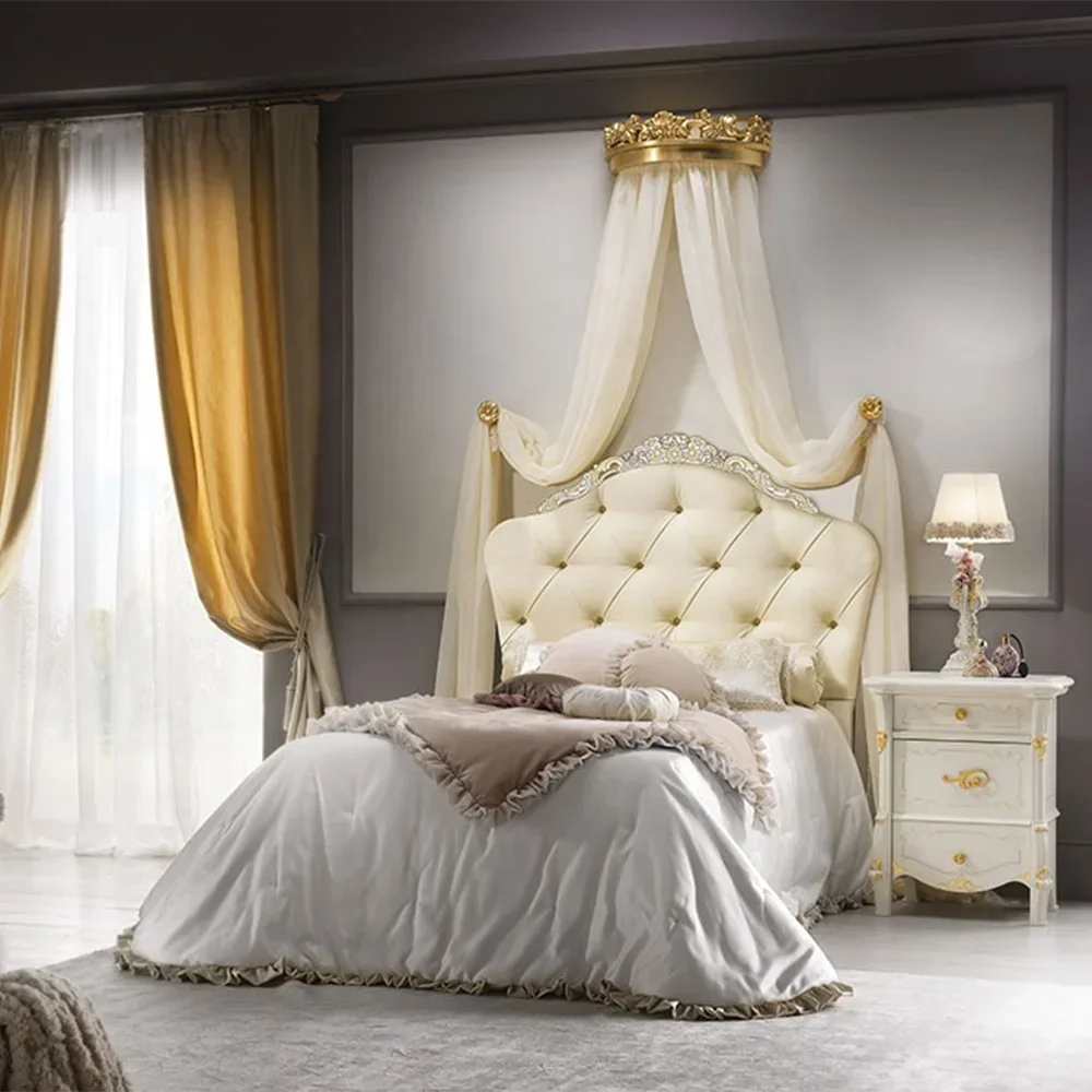 Customize Italian Classic Royal Children's Bedroom Furniture Set Gold And Cream Kids Bed And Wardrobe