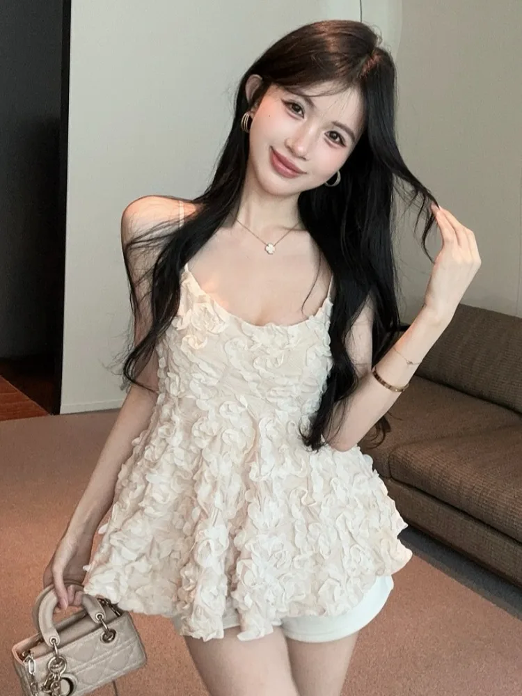 

Sweet Design Sensation 3D Flower Strap Vest Women's Summer Slimming Versatile Pure Desire Sleeveless Top Citywalk Polyester F...
