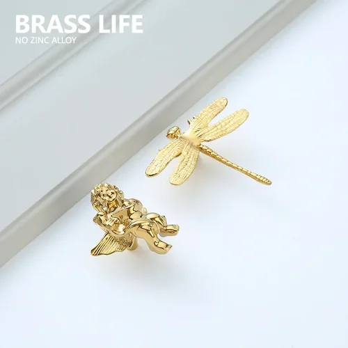 BRASS LIFE 가구 천사, 잠자리 손잡이, 황동 당김, 찬장 옷장 드레서 신발 상자 서랍 캐비닛 손잡이 