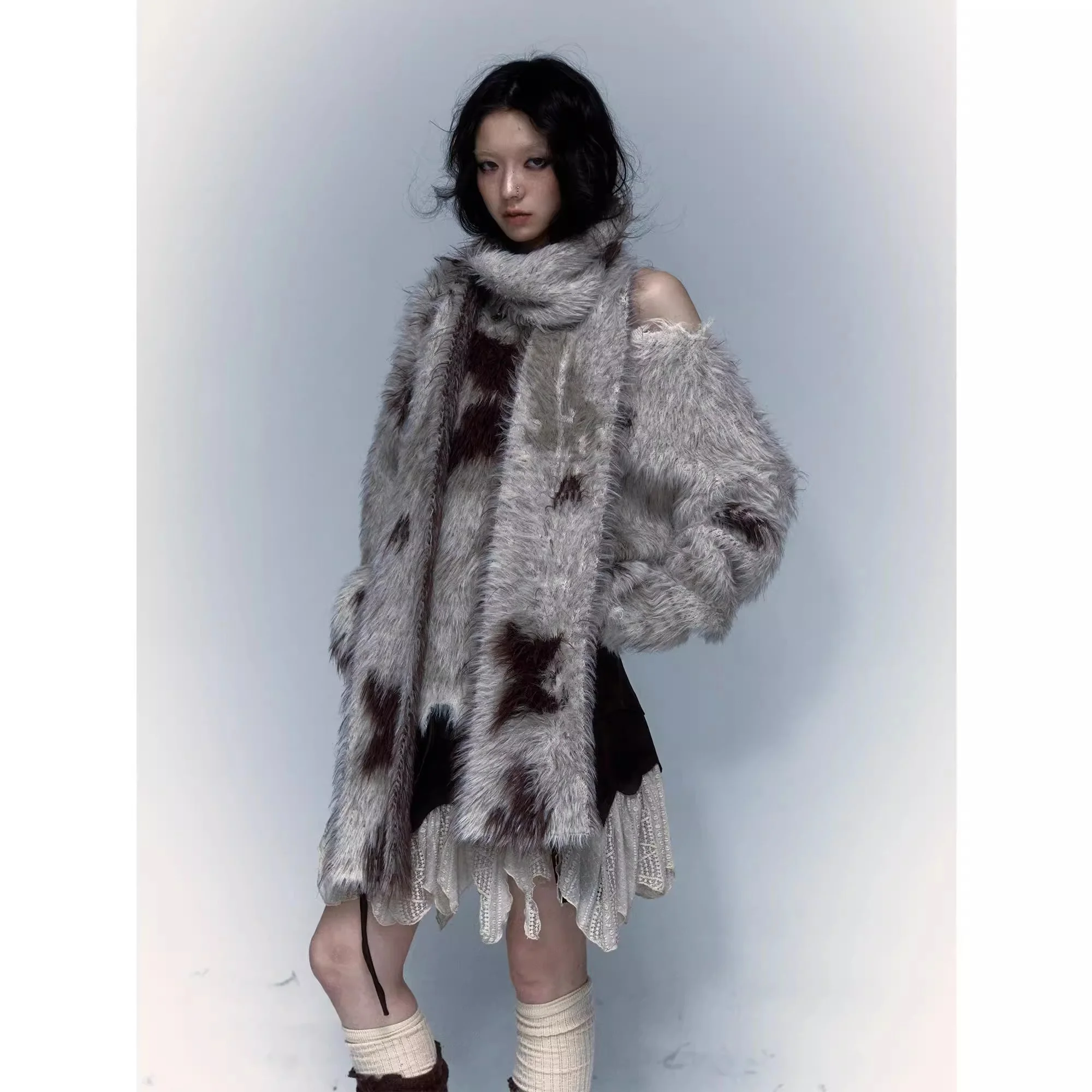 

Японский оригинальный субкультура Y2k, теплый шарф в стиле ретро с имитацией норки, женский вязаный плюшевый шарф, осенне-зимний мягкий шарф для девочек